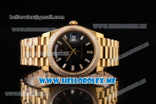 Rolex Day-Date Swiss ETA 2836 Automatic Yellow Gold Case/Bracelet with Black Dial and Stick Markers Diamonds Bezel (BP) - Click Image to Close